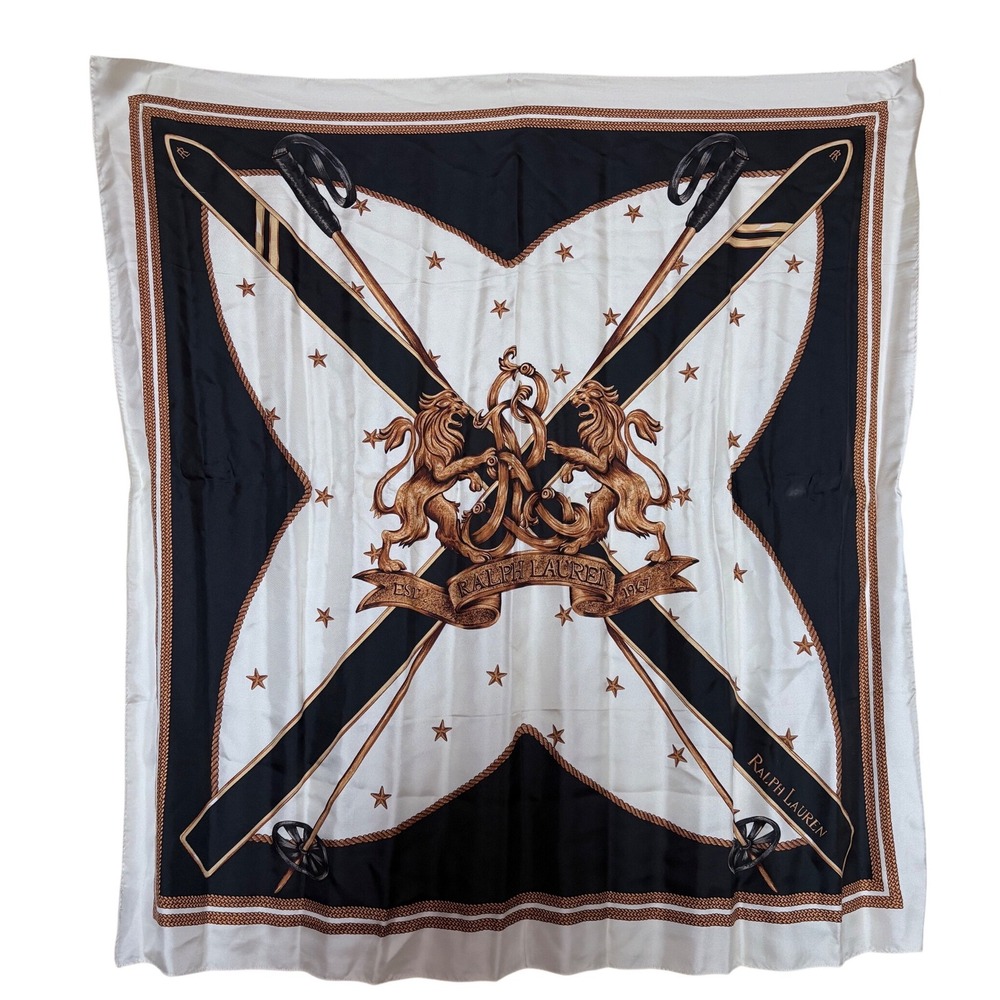 Ralph Lauren Silk Scarf Cream Black Gold Crest Ski Poles Lions Made in Italy 34"